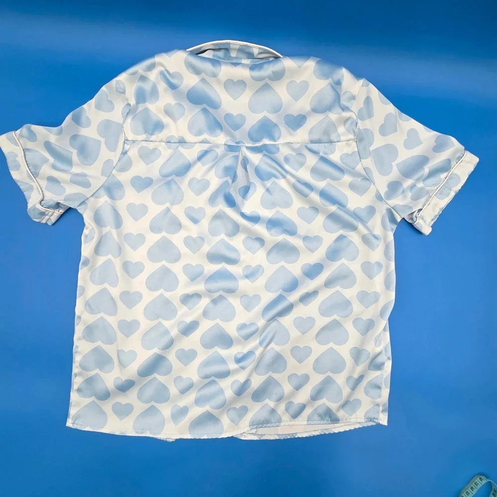 Forever 21 Hello Kitty Sanrio Satin Pajama Set Blue Heart‎ Shorts Top Womens S